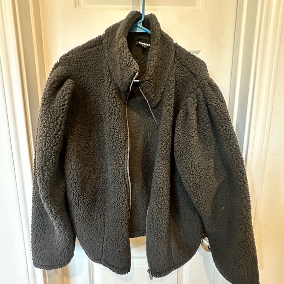 Express Womens Fleece Jacket Black Size Large Sherpa Full Zip 100% Polyester - Picture 1 of 4